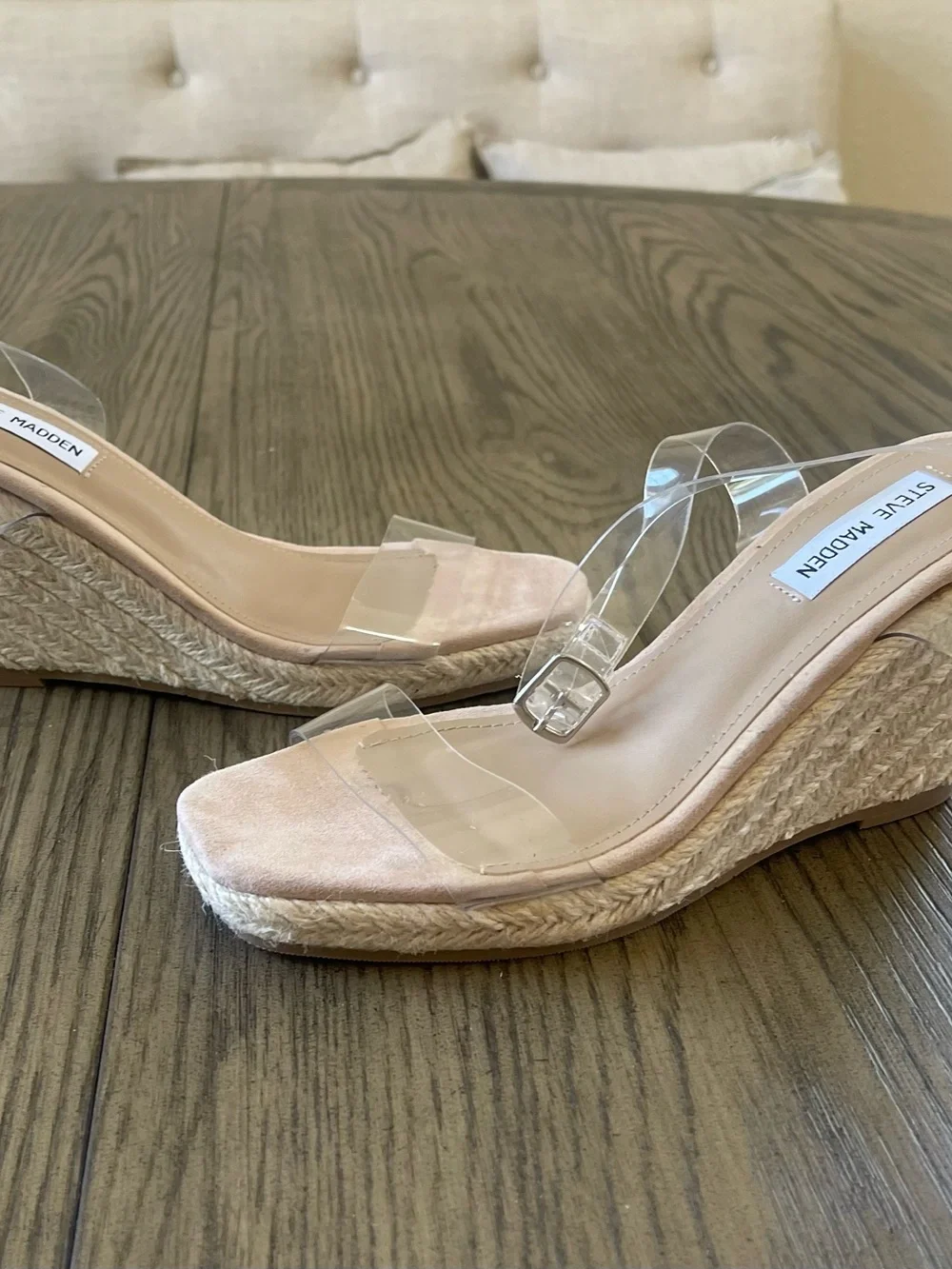 Steve Madden Nude Suede & Clear Strap Espadrille Wedges